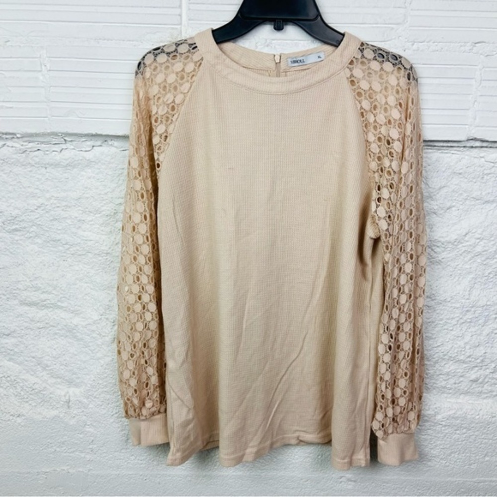 Miholl Beige pale pink Lace Sleeve waffle knit Blouse size XL